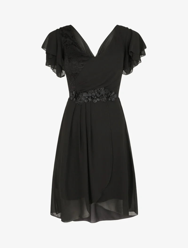 Robe à manches volantées et détail fleurs et strass - Noir