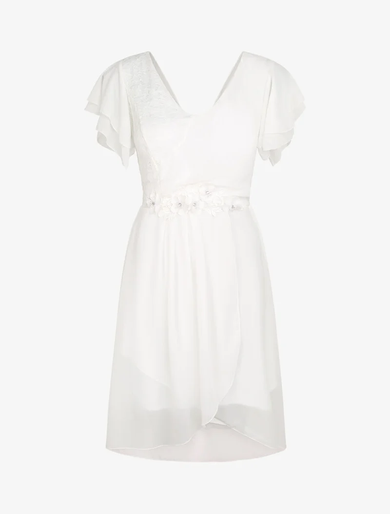 Robe à manches volantées et détail fleurs et strass - Blanc