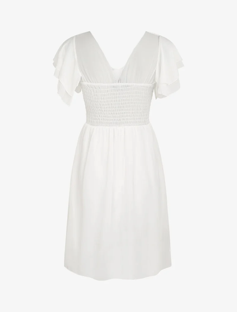 Robe à manches volantées et détail fleurs et strass - Blanc