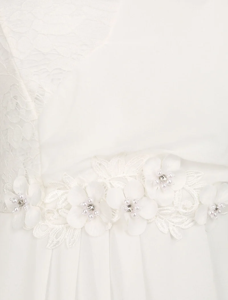 Robe à manches volantées et détail fleurs et strass - Blanc