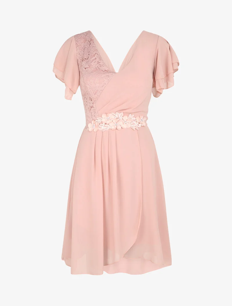 Robe à manches volantées et détail fleurs et strass - Rose poudré