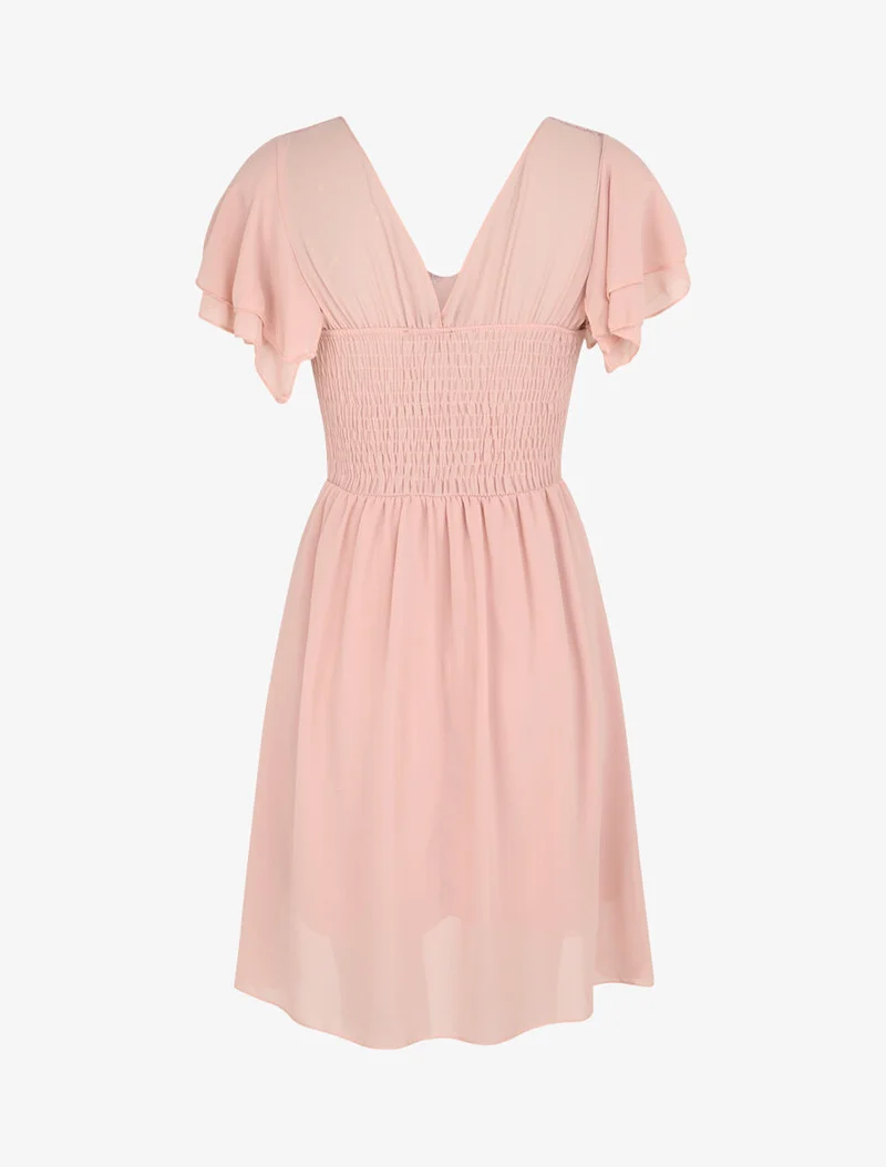 Robe à manches volantées et détail fleurs et strass - Rose poudré