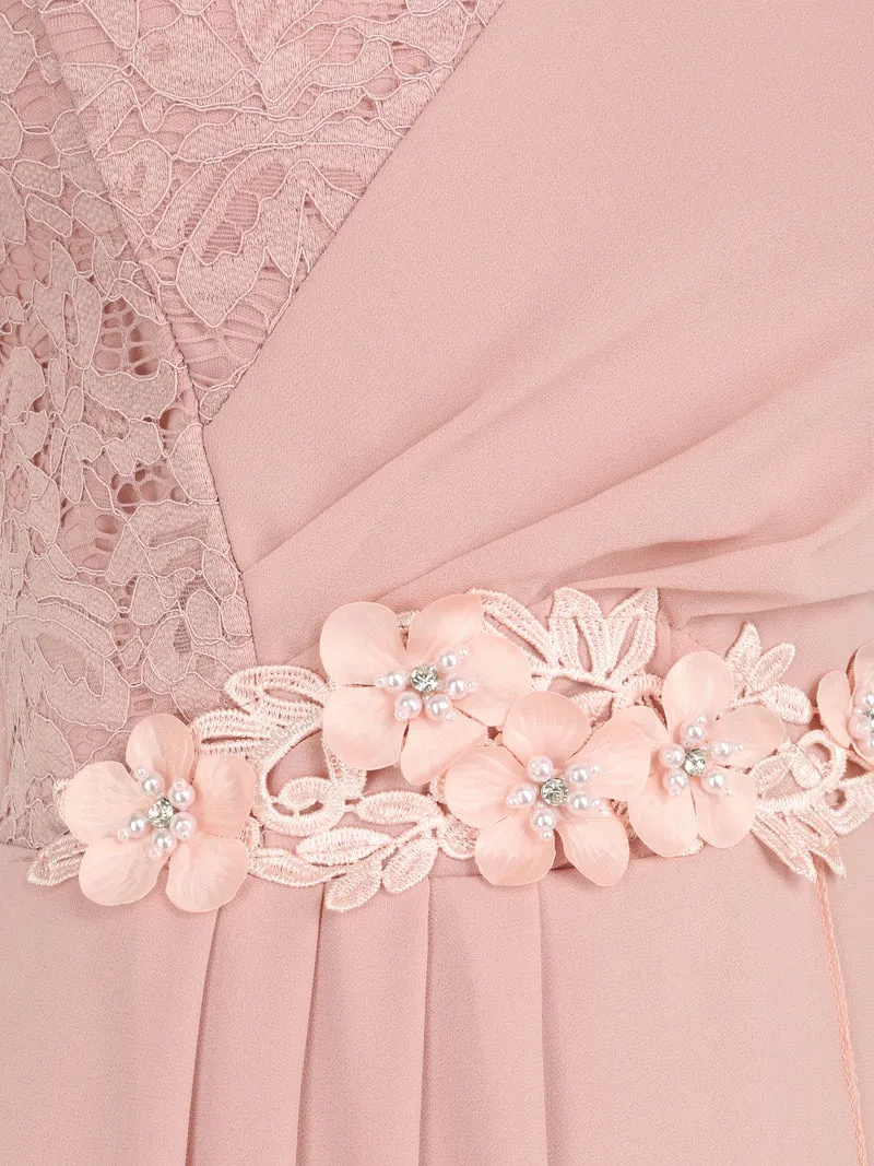 Robe à manches volantées et détail fleurs et strass - Rose poudré