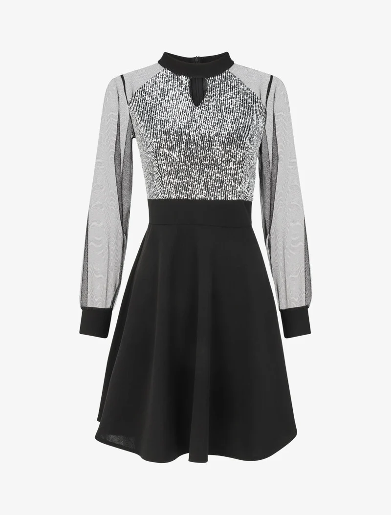 Robe patineuse à buste en sequins - Noir/argent