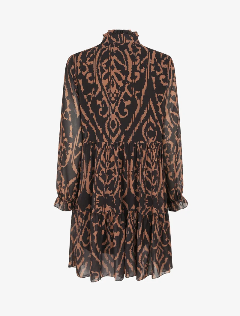 Robe à col volanté et imprimé baroque stylisé - Camel