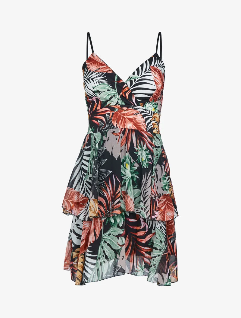 Robe à imprimé tropical et volants - Noir