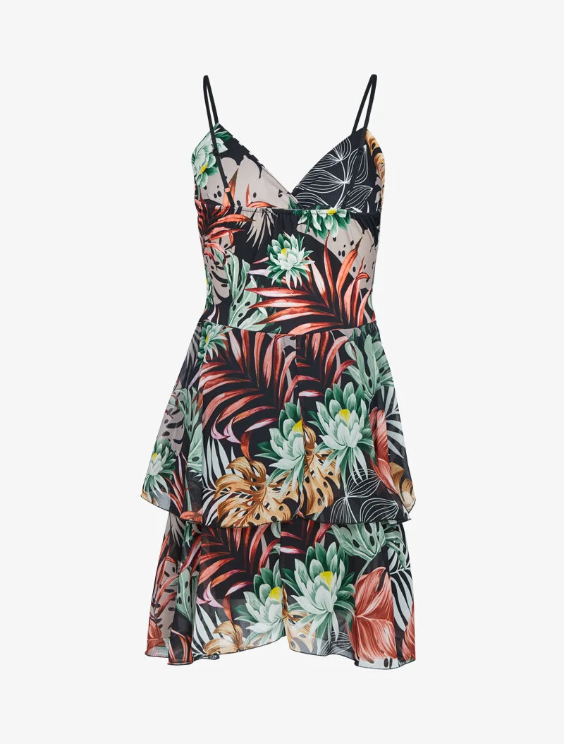 Robe à imprimé tropical et volants - Noir
