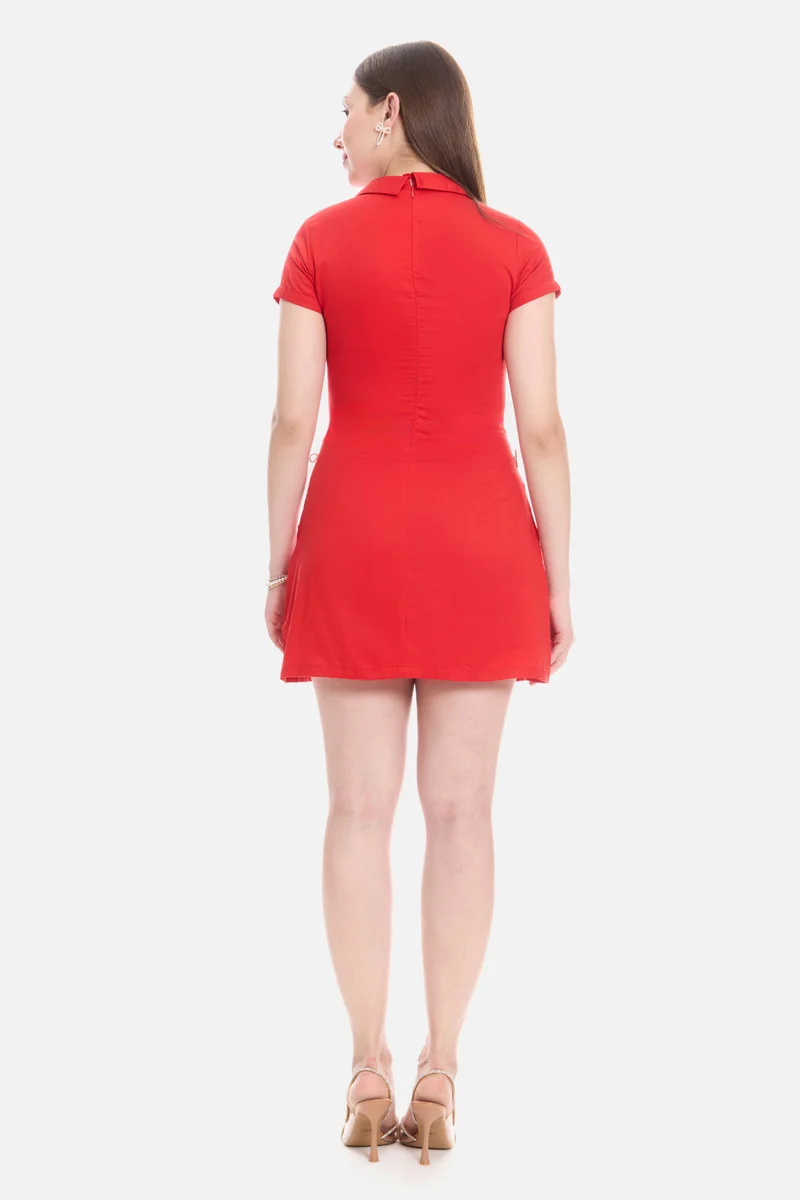 Sasia|100% Cotton Satin Collared Mini Dress
