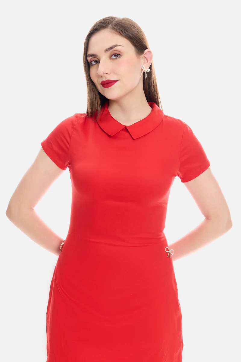 Sasia|100% Cotton Satin Collared Mini Dress