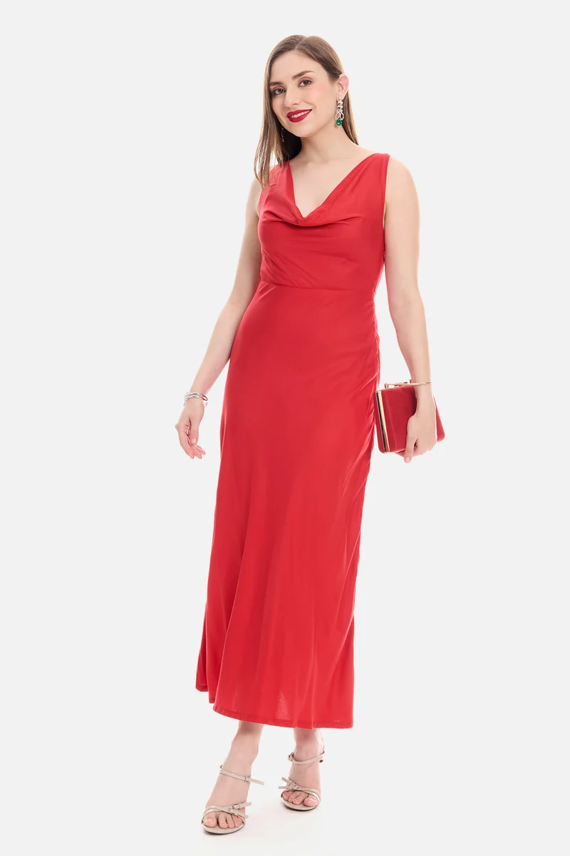 Sorna|100% Viscose Cowl Neck Maxi Dress