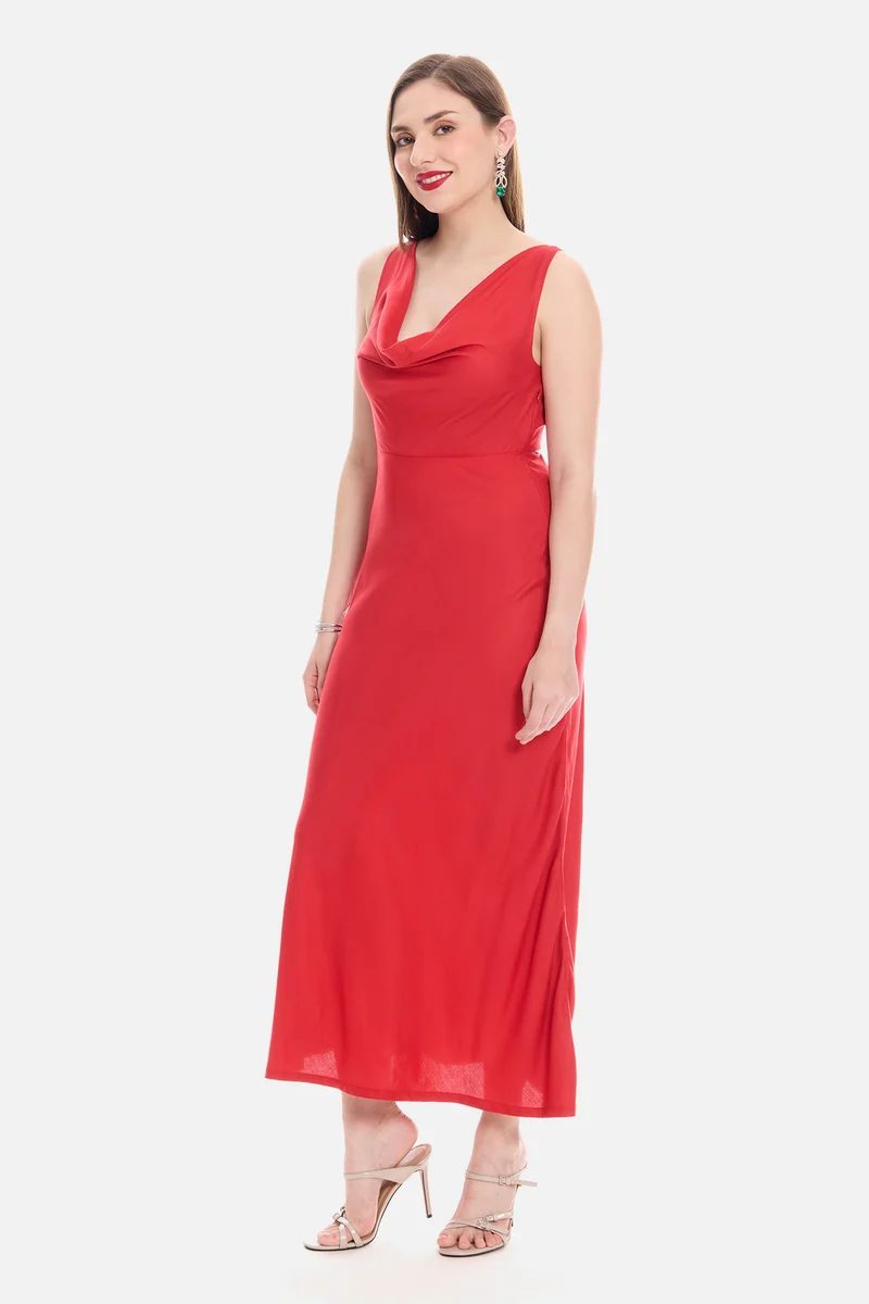Sorna|100% Viscose Cowl Neck Maxi Dress