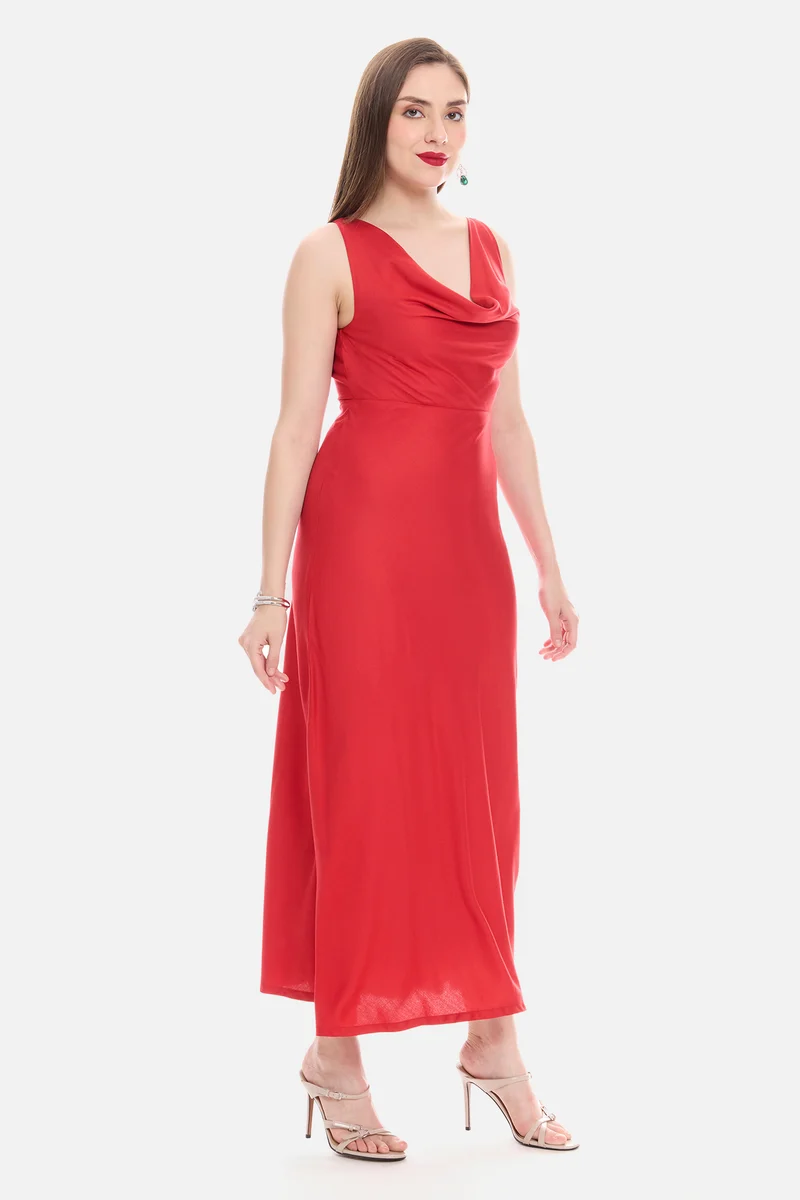Sorna|100% Viscose Cowl Neck Maxi Dress