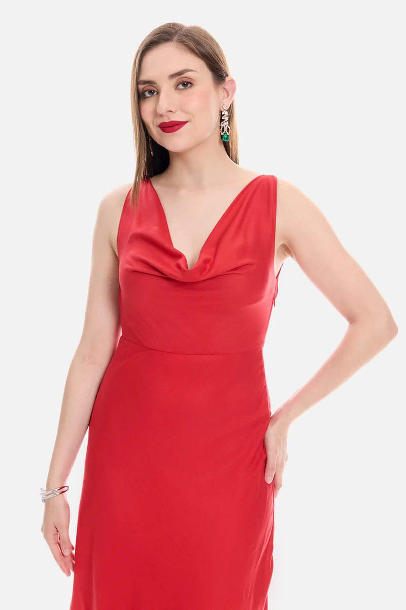 Sorna|100% Viscose Cowl Neck Maxi Dress