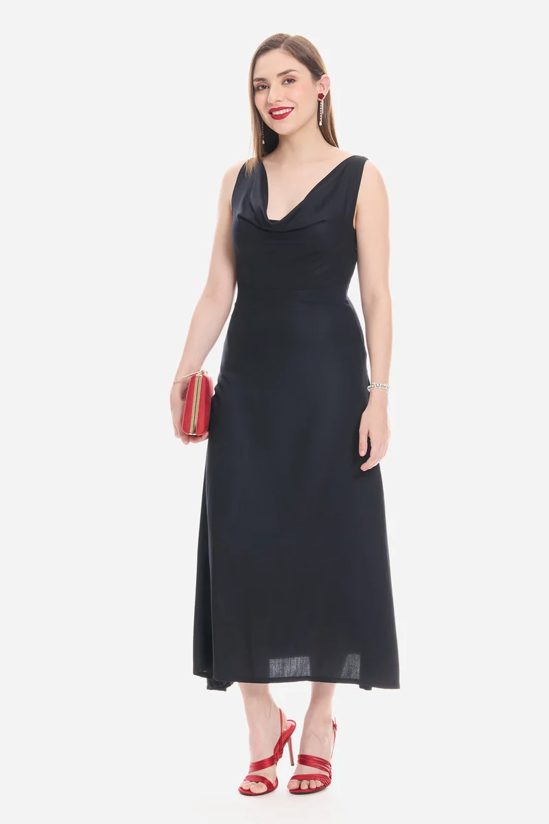 Sorie|100% Viscose Cowl Neck Maxi Dress