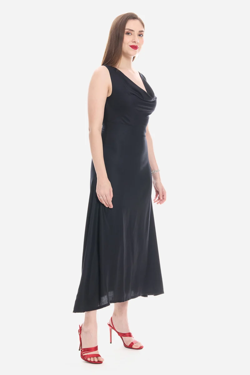 Sorie|100% Viscose Cowl Neck Maxi Dress