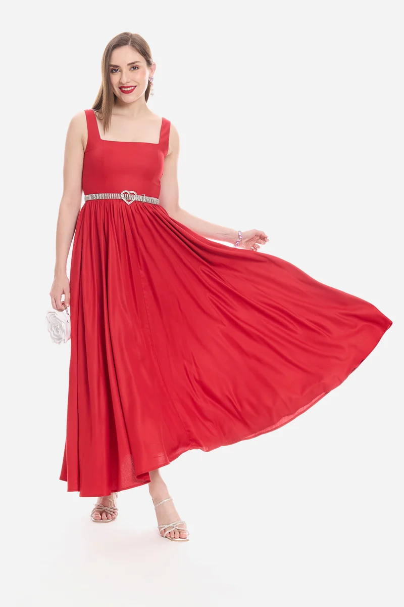 Sonla|100% Viscose Fit & Flare Maxi Dress