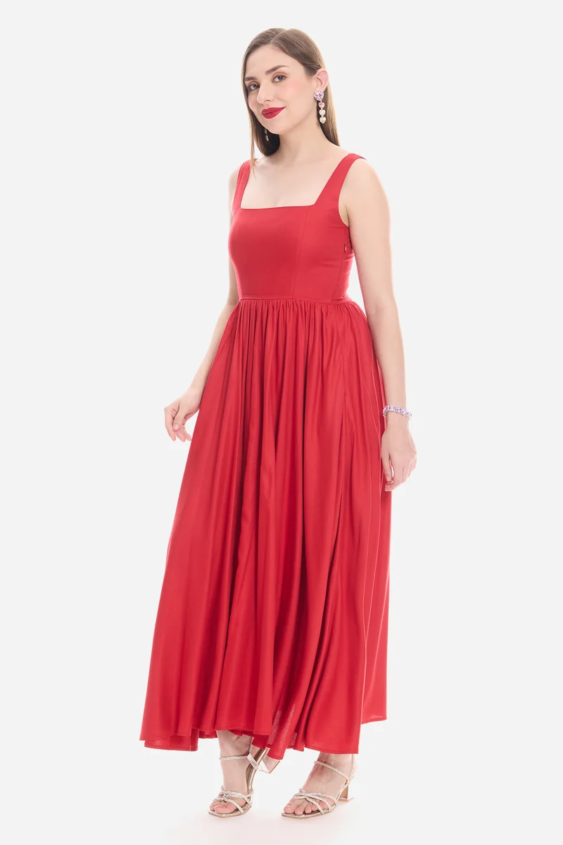 Sonla|100% Viscose Fit & Flare Maxi Dress