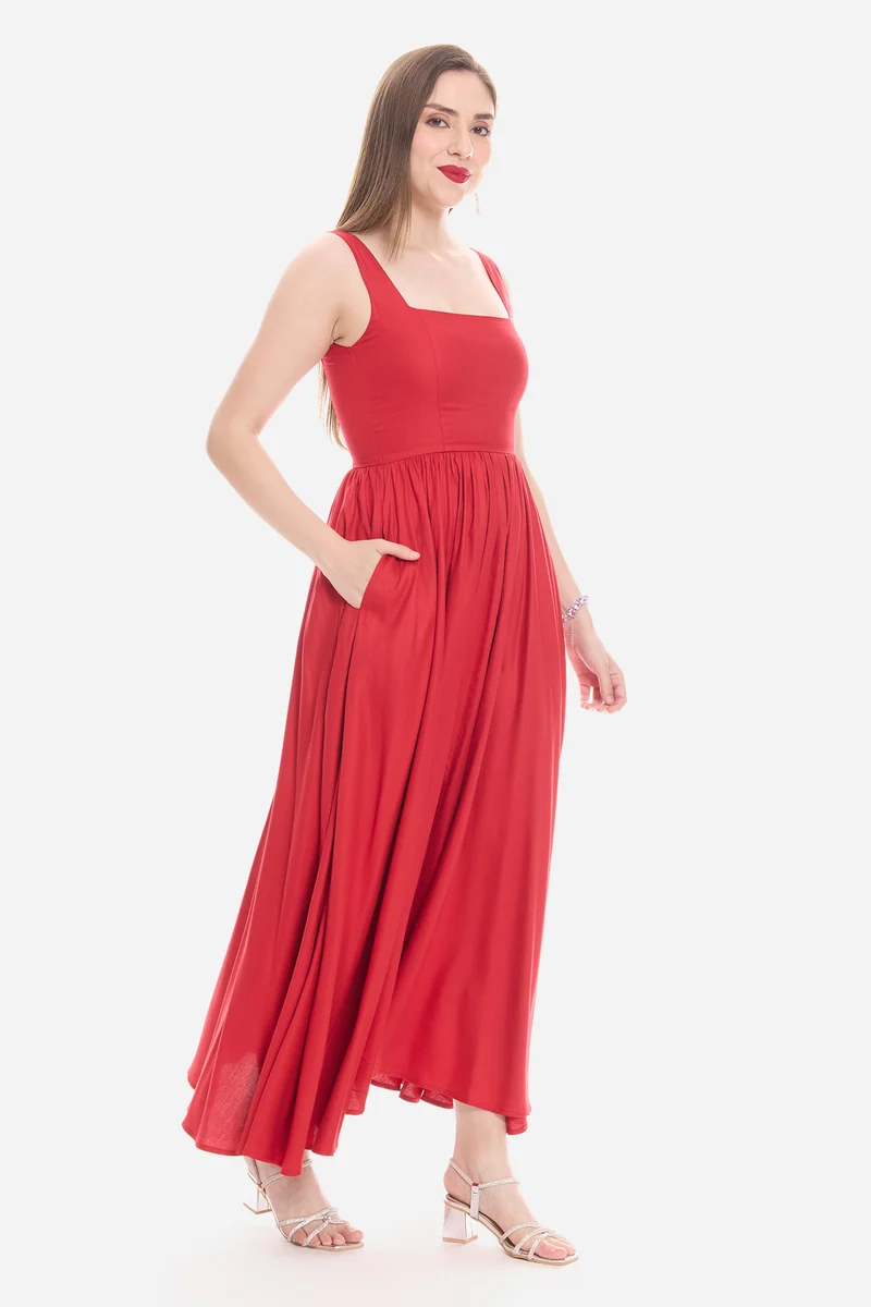 Sonla|100% Viscose Fit & Flare Maxi Dress