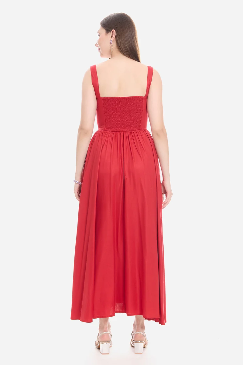 Sonla|100% Viscose Fit & Flare Maxi Dress