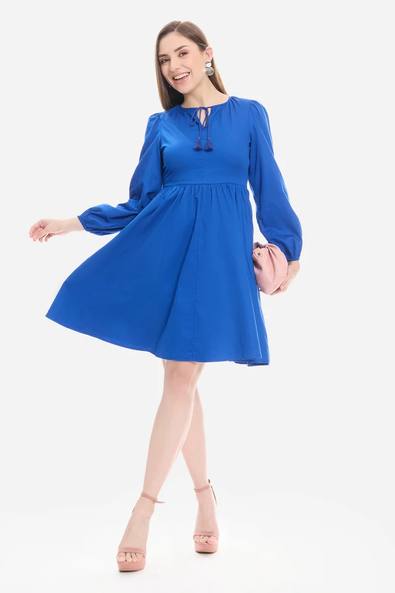 Naly|100% Cotton Neck Tie-Up Mini Dress