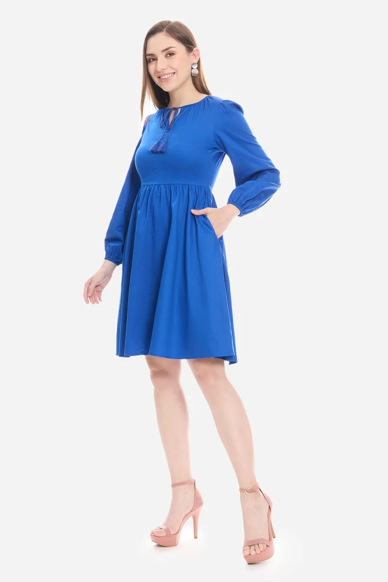 Naly|100% Cotton Neck Tie-Up Mini Dress