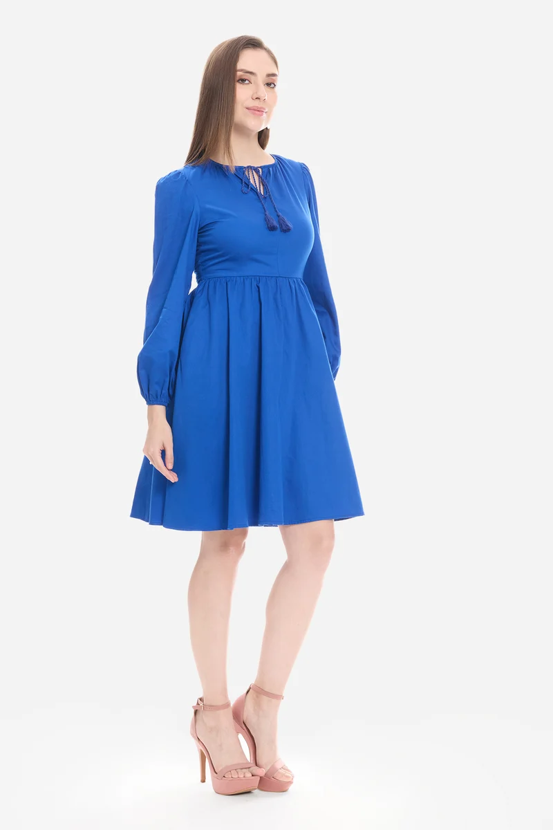 Naly|100% Cotton Neck Tie-Up Mini Dress