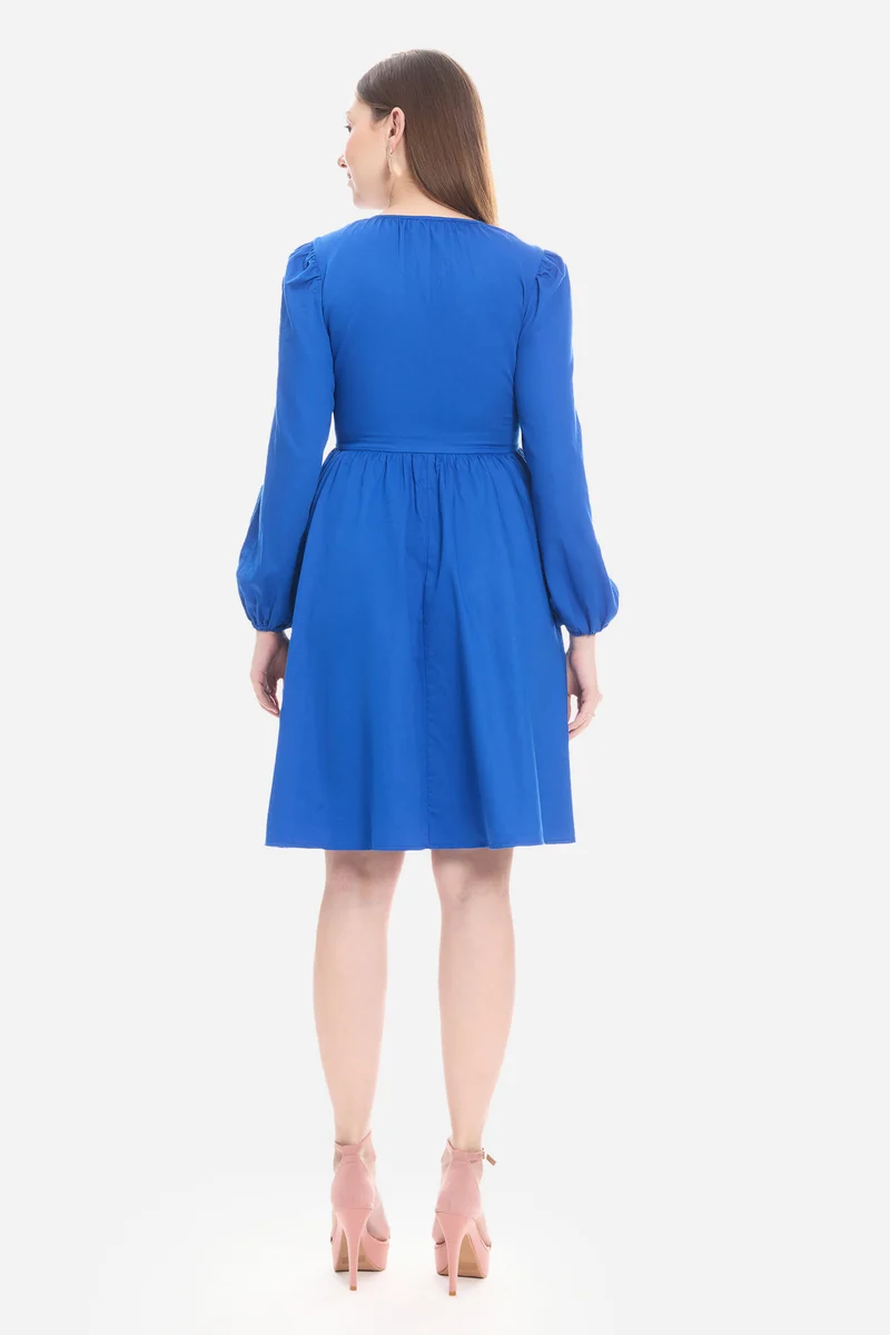 Naly|100% Cotton Neck Tie-Up Mini Dress