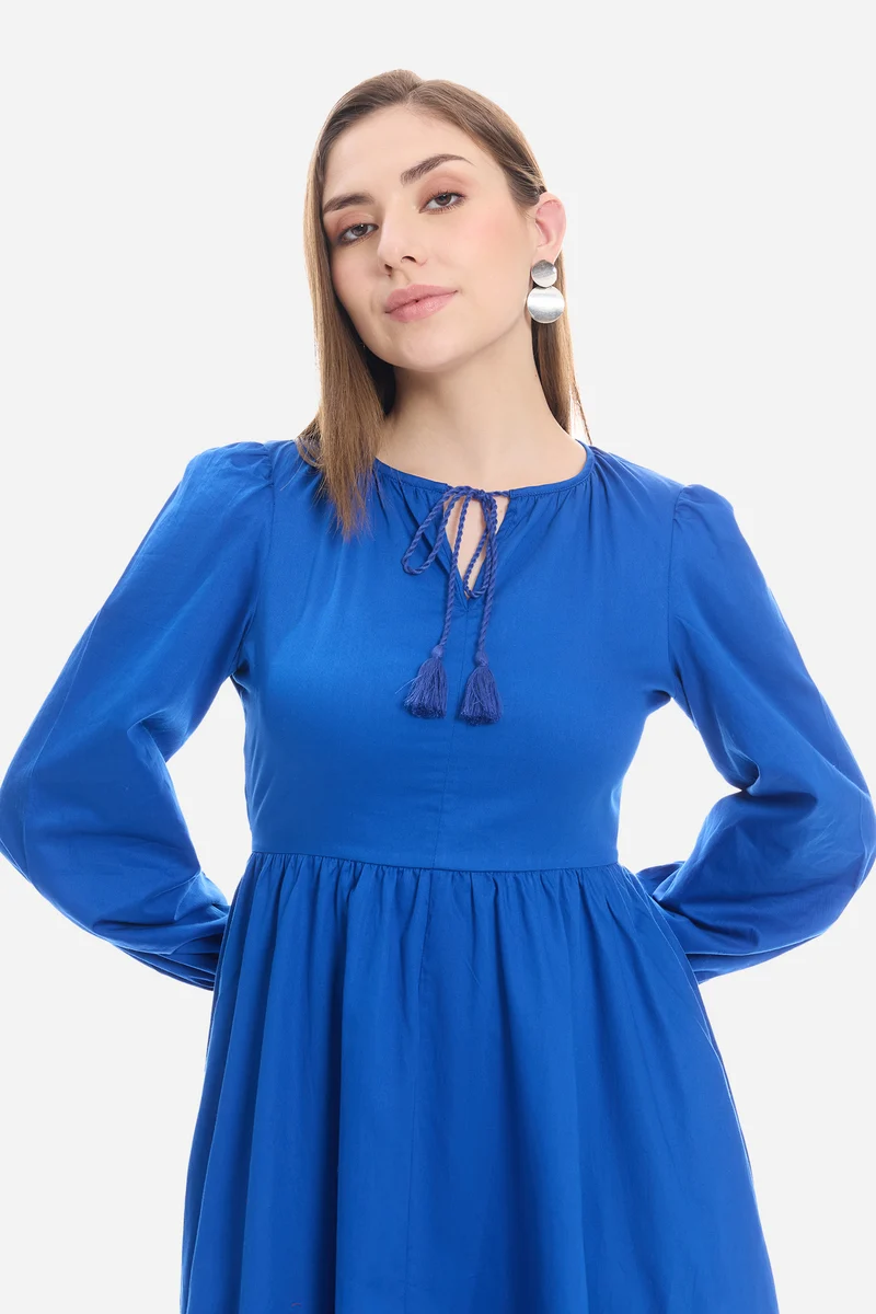 Naly|100% Cotton Neck Tie-Up Mini Dress