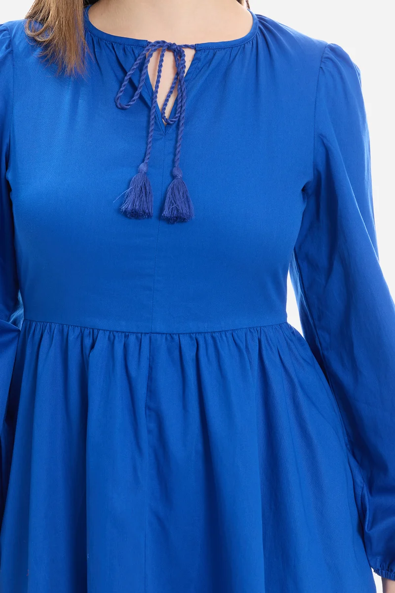 Naly|100% Cotton Neck Tie-Up Mini Dress