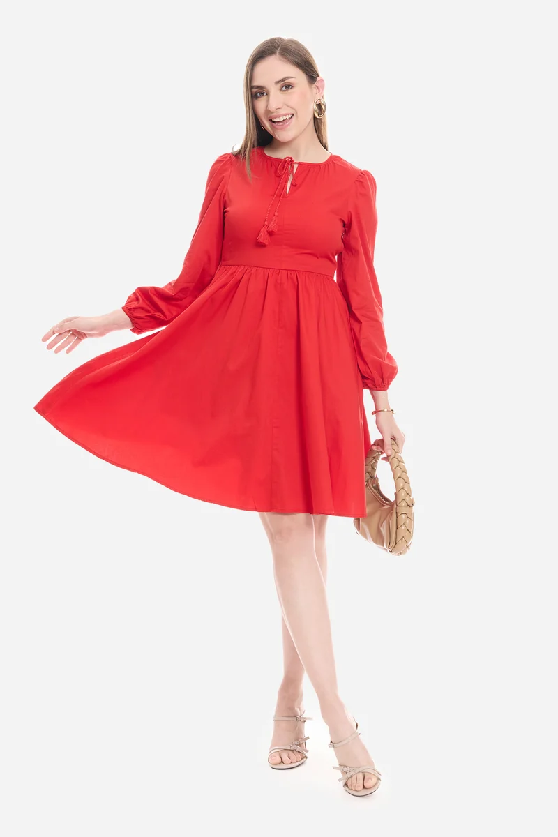 Nalna|100% Cotton Neck Tie-Up Mini Dress