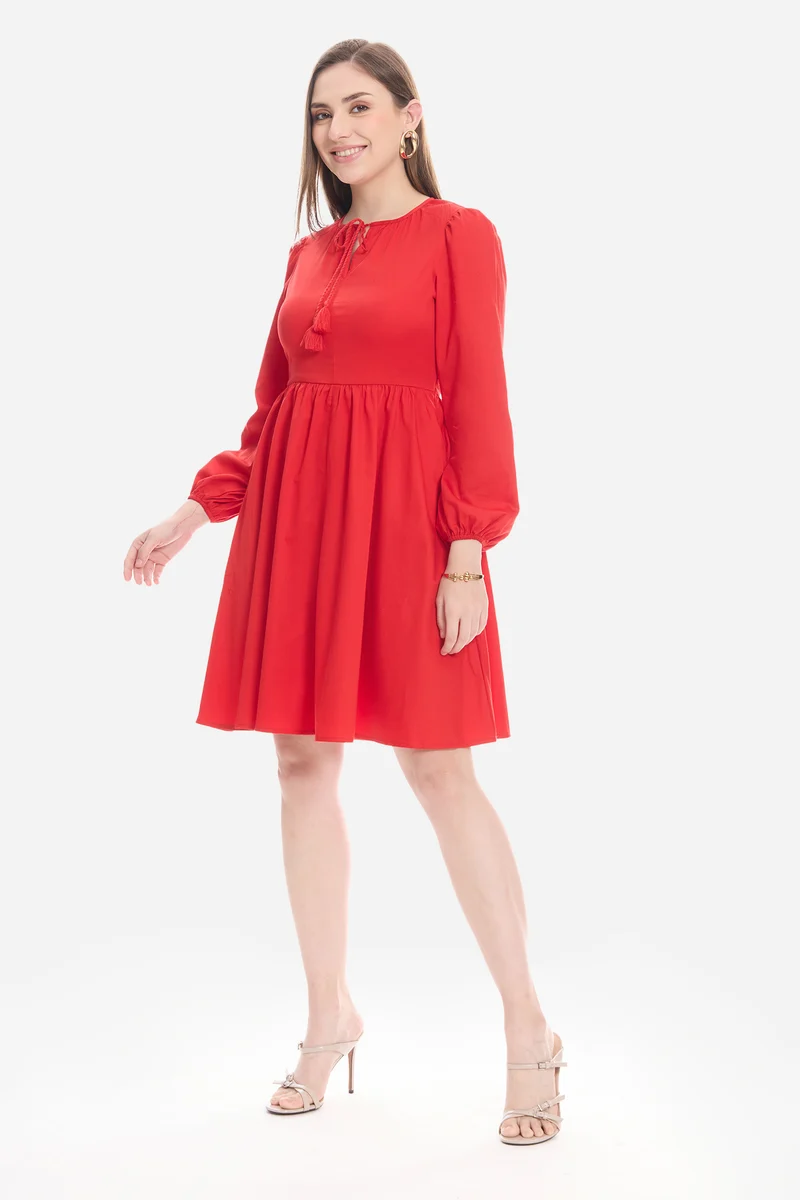 Nalna|100% Cotton Neck Tie-Up Mini Dress