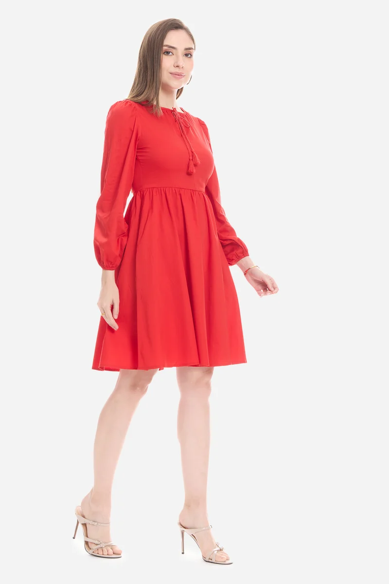 Nalna|100% Cotton Neck Tie-Up Mini Dress