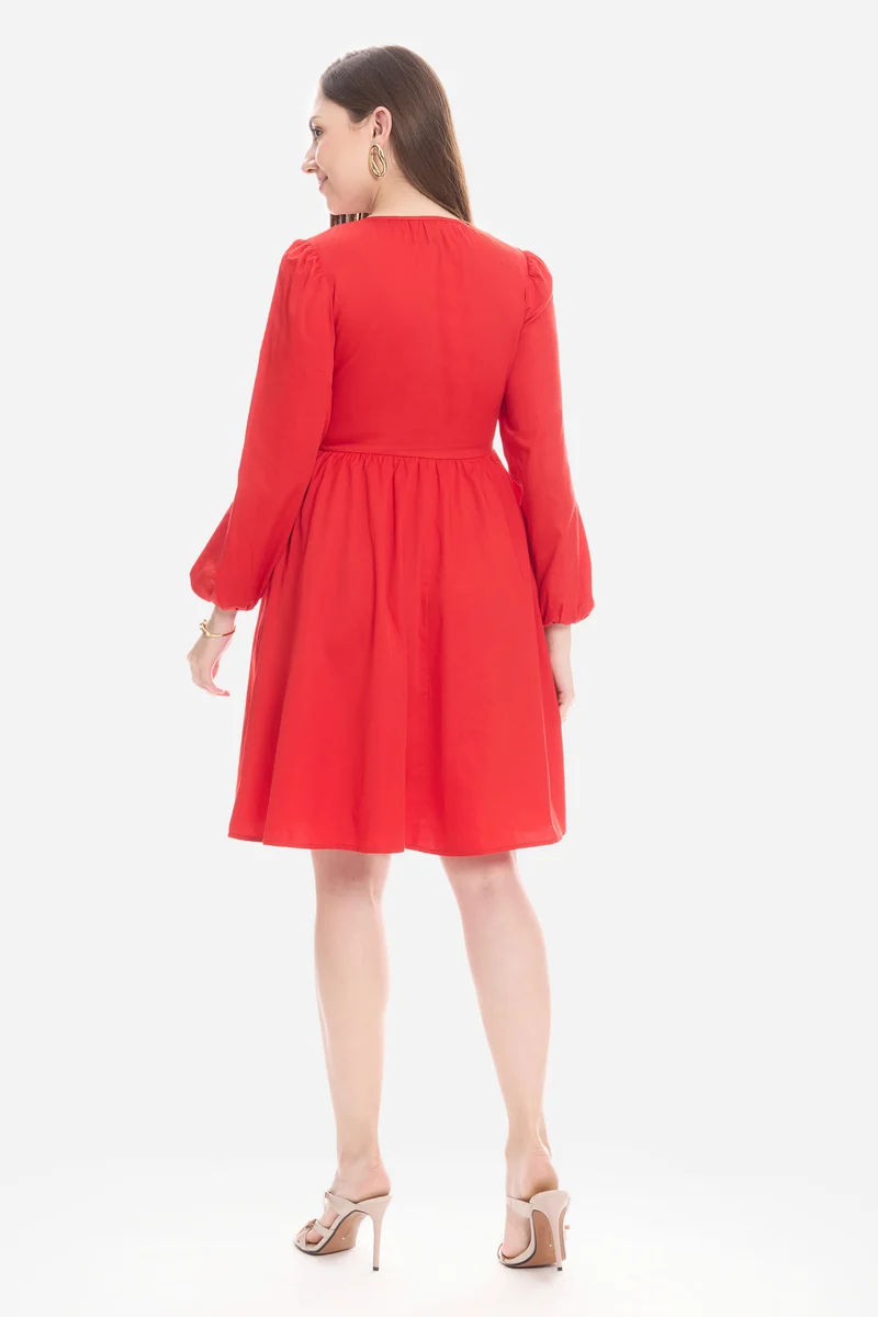 Nalna|100% Cotton Neck Tie-Up Mini Dress