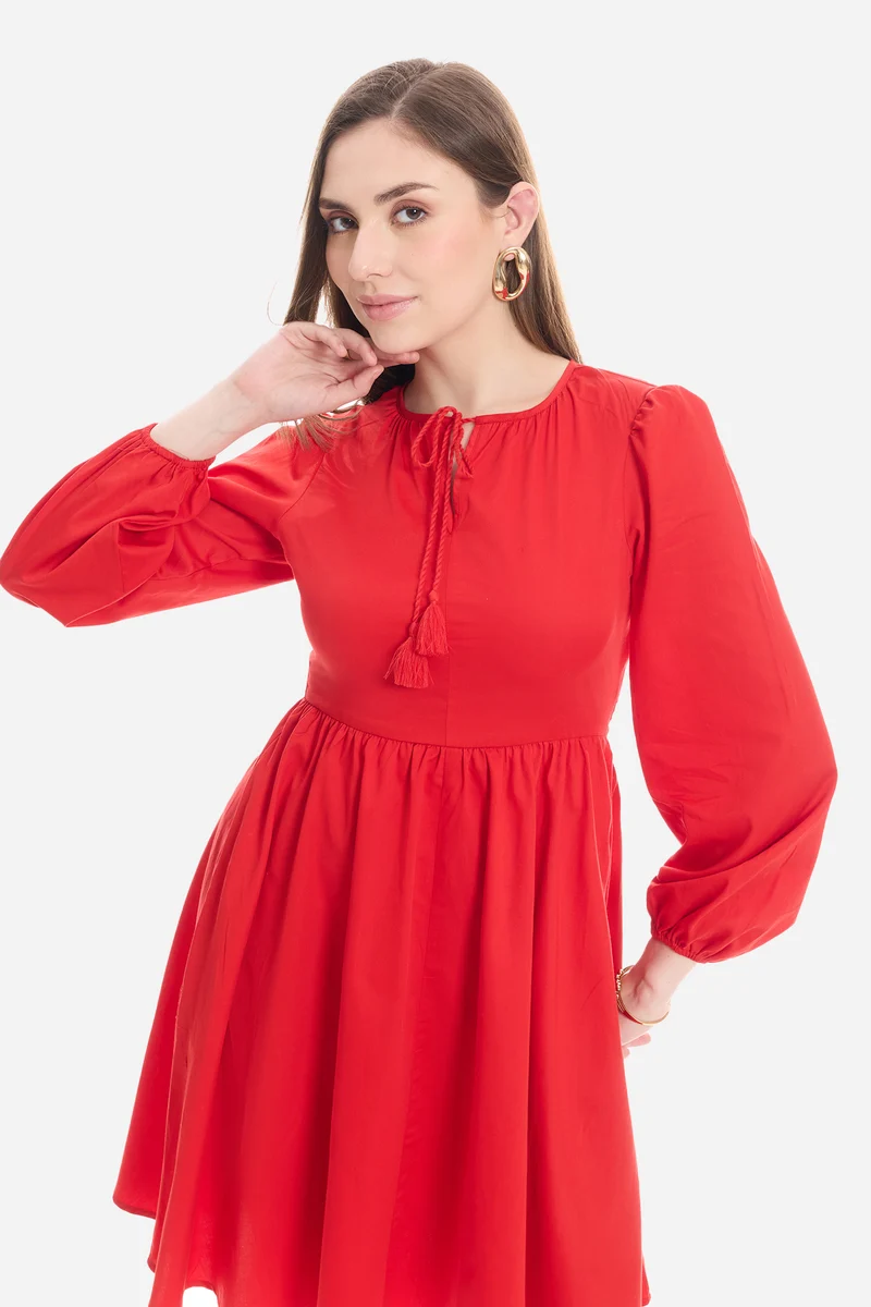 Nalna|100% Cotton Neck Tie-Up Mini Dress