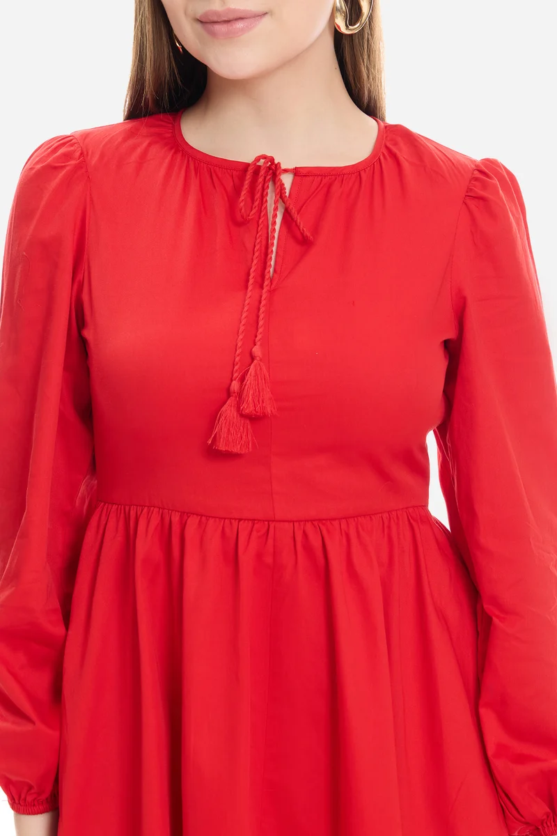 Nalna|100% Cotton Neck Tie-Up Mini Dress