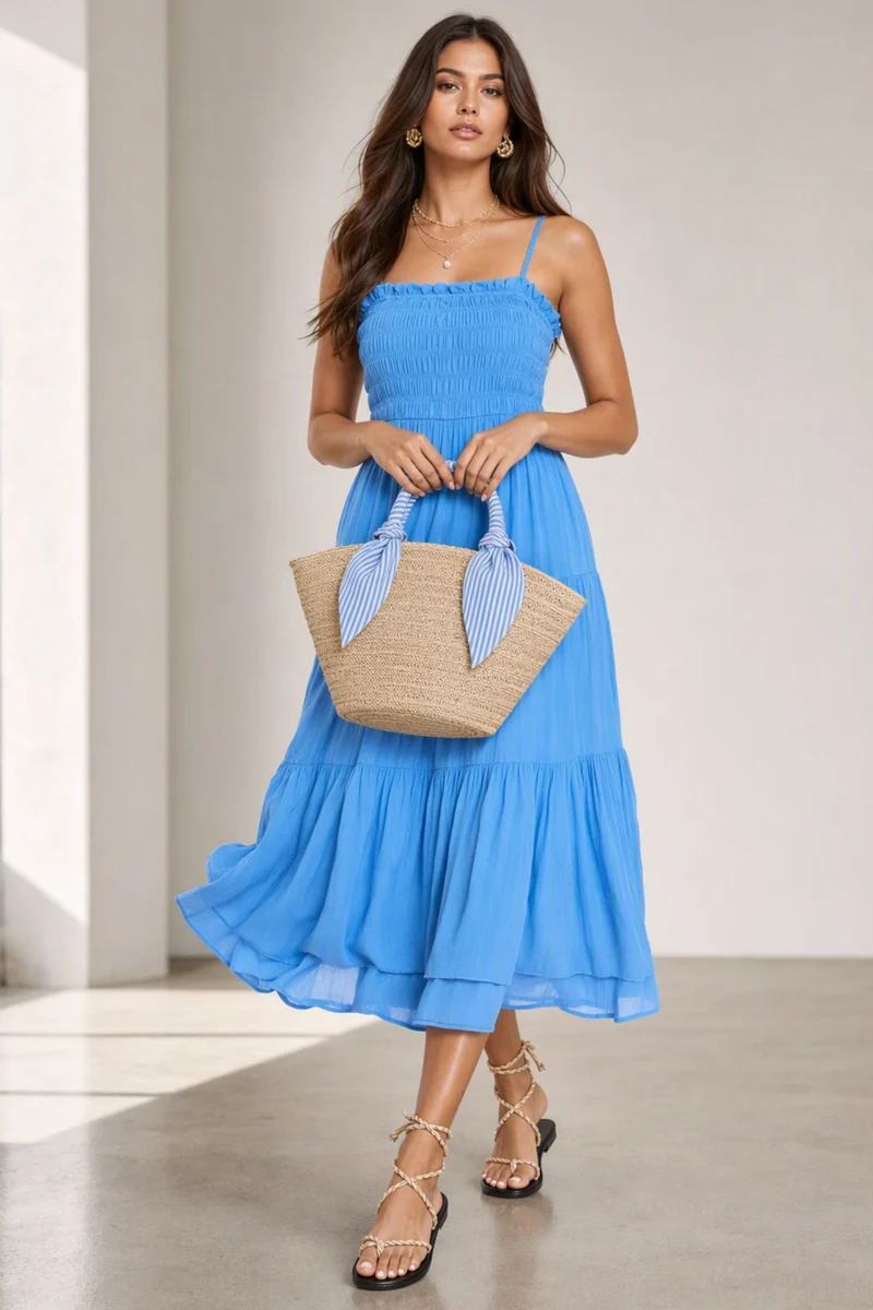 Nadna|100% Viscose Smocked Layered Midi Dress