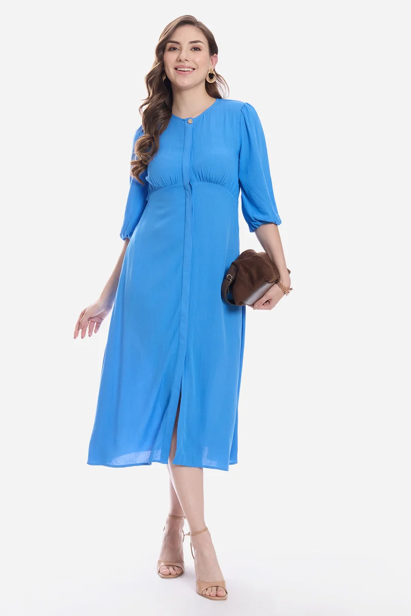 Aldia|100% Viscose Balloon Sleeve Midi Dress