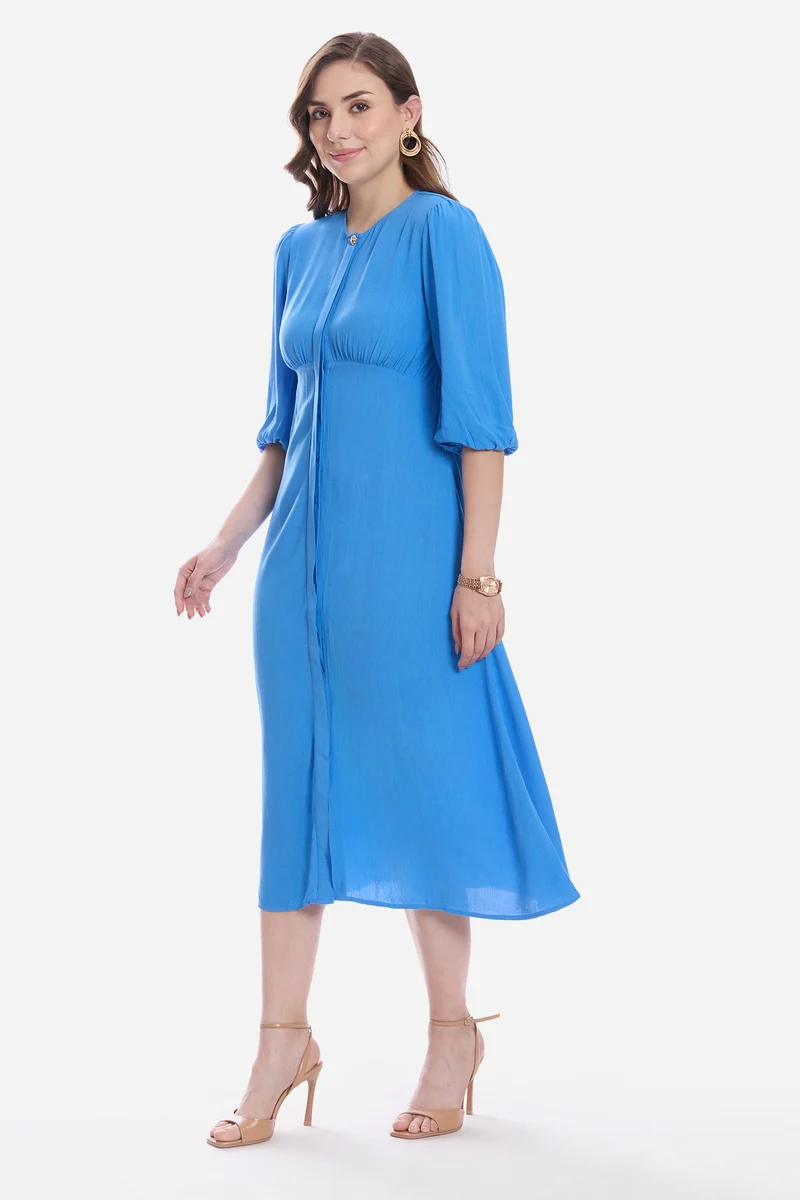 Aldia|100% Viscose Balloon Sleeve Midi Dress