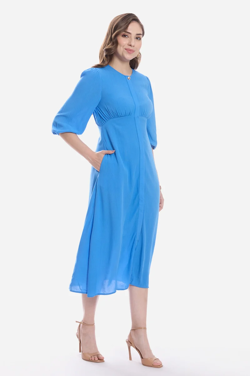 Aldia|100% Viscose Balloon Sleeve Midi Dress