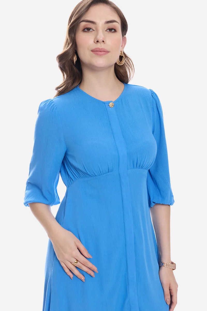 Aldia|100% Viscose Balloon Sleeve Midi Dress