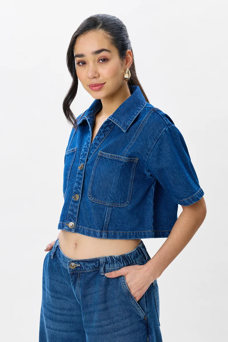 Eimar|100% Cotton Cropped Denim Shirt