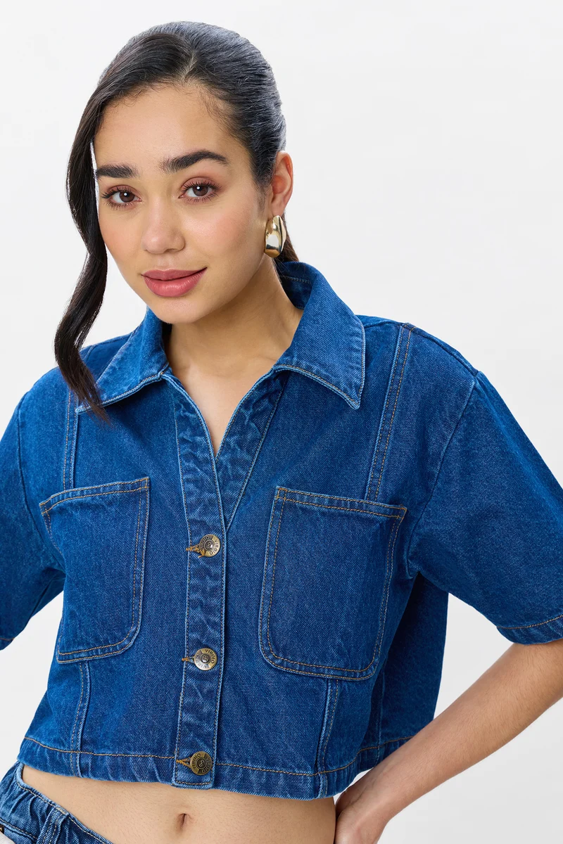 Eimar|100% Cotton Cropped Denim Shirt