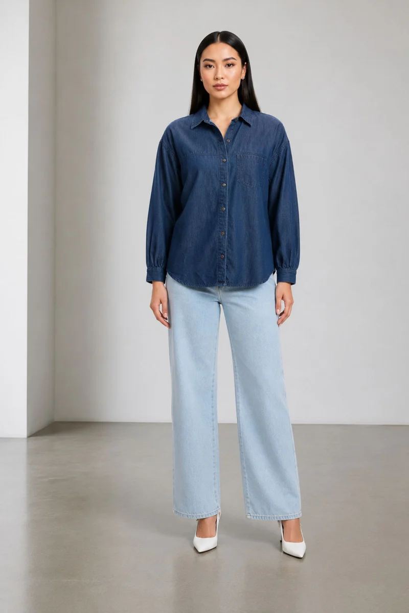 Zada|100% Cotton Double Placket Denim Shirt