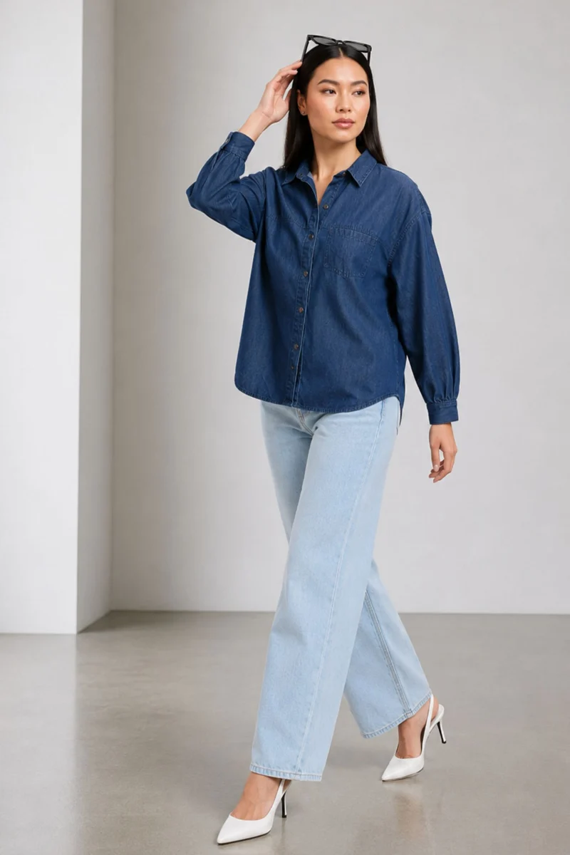 Zada|100% Cotton Double Placket Denim Shirt