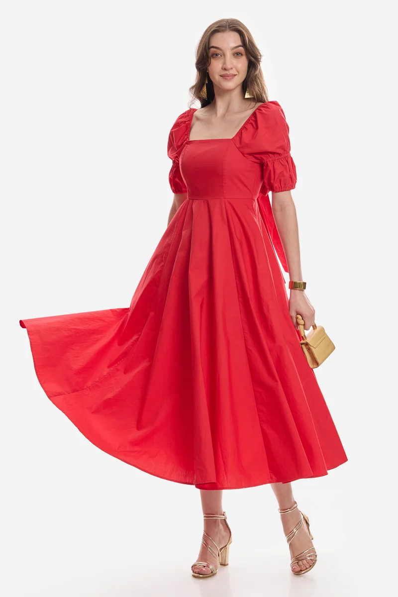 Aylina|100% Cotton Square Neck Midi Dress