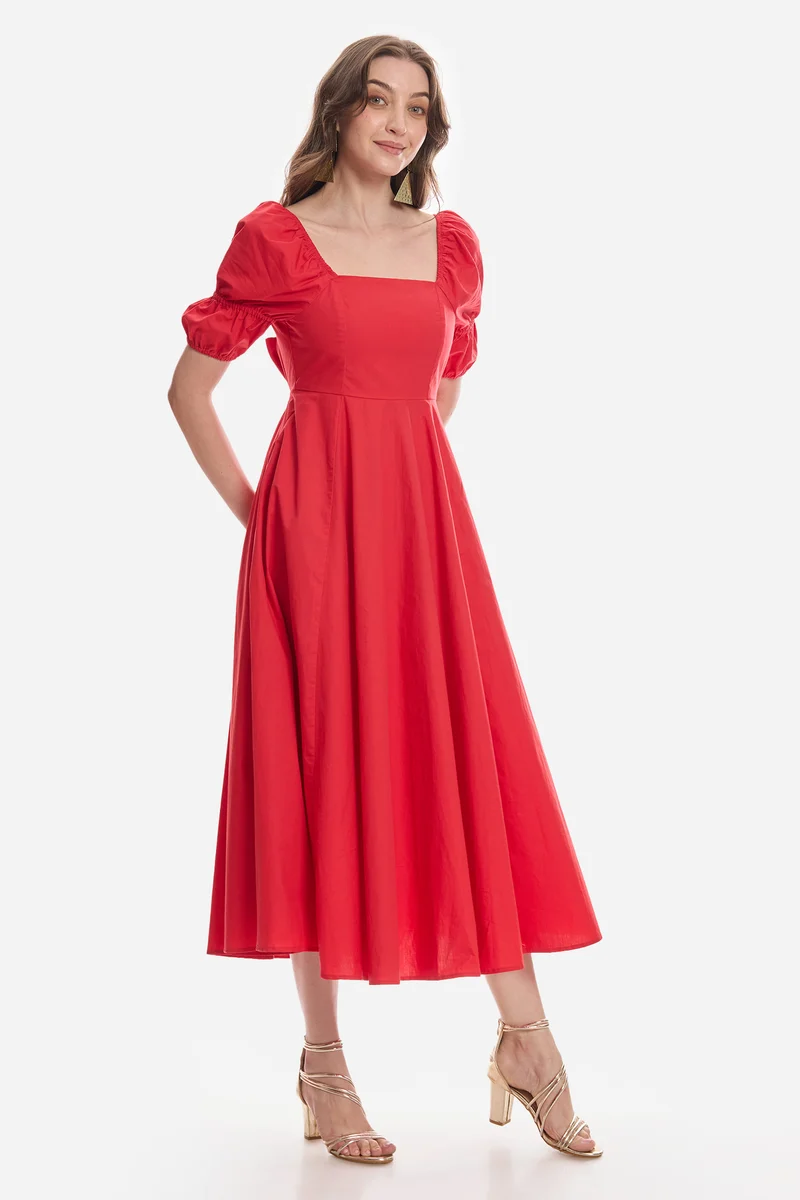 Aylina|100% Cotton Square Neck Midi Dress