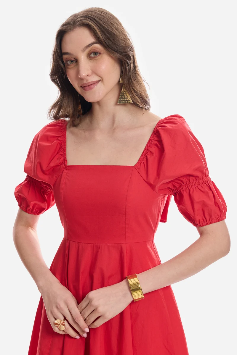 Aylina|100% Cotton Square Neck Midi Dress