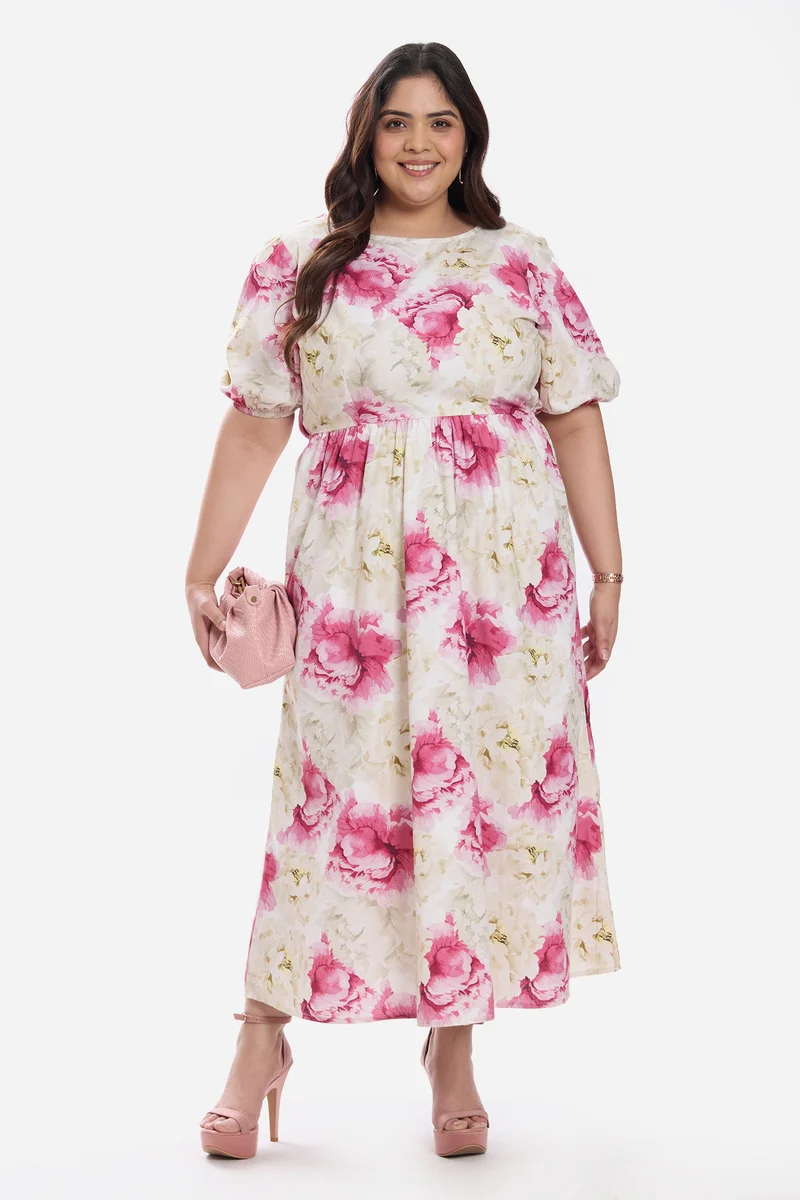 Arlyna|Cotton Midi Dress With Puff Sleeve