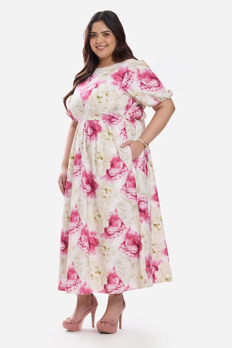 Arlyna|Cotton Midi Dress With Puff Sleeve