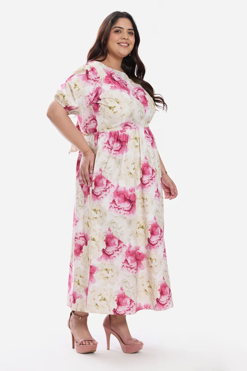 Arlyna|Cotton Midi Dress With Puff Sleeve